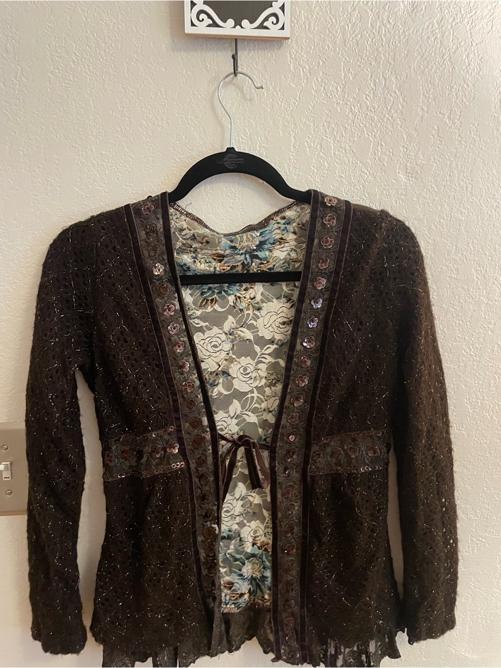 Y2K Hazel Embellished Brown Knit Cardigan with Floral Lining